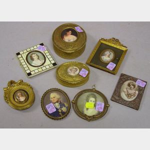 Six French Framed Portrait Miniatures and Two Portrait Miniature Mounted Gilt-metal Boxes.