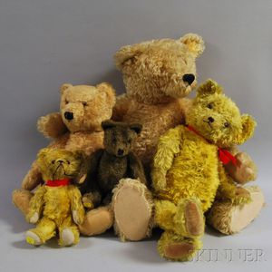 Five Antique Articulated Mohair Teddy Bears