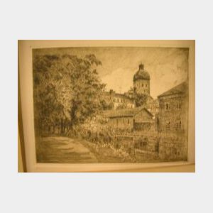 Framed Wallace Nutting Print The Book Settle and a Framed Village Scene