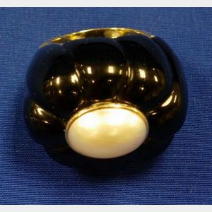 Chanel-style Onyx, Pearl, and 14kt Gold Plate Ring.