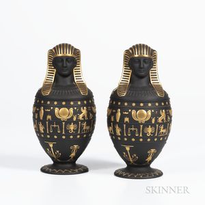 Pair of Modern Wedgwood Black Basalt Canopic Jars and Covers
