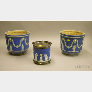 Two Wedgwood Dark Blue Jasper Dip Jardinieres and a Silver Plate Mounted Biscuit Barrel