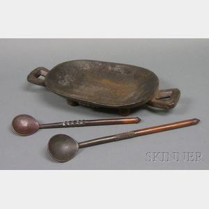 African Carved Wood Bowl and Two Spoons