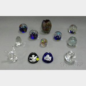 Nine Assorted Art Glass Paperweights, a Steuben Rabbit, an Art Glass Peach, and a Vase
