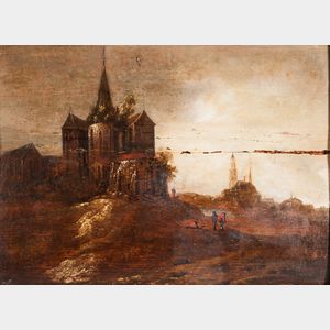 Dutch School, 17th Century Style Landscape with Church and Distant Spires.
