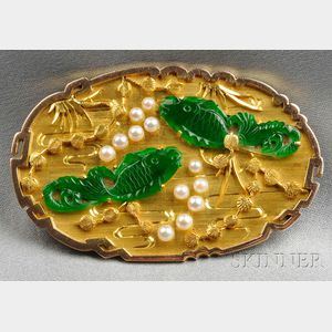 18kt Gold, Jadeite, and Cultured Pearl Brooch, Marsh's