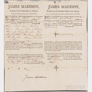Madison, James (1751-1863) Ship's Papers Signed, 22 March 1809.