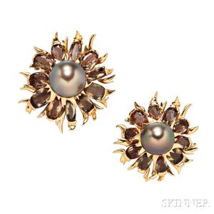 Pair of 18kt Gold, Tahitian Pearl, and Citrine Flower Brooches, Marilyn Cooperman