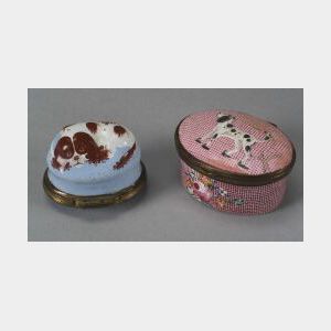 Two Enameled Copper Figural Snuff or Patch Boxes