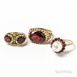 Three 14kt Gold and Garnet Rings