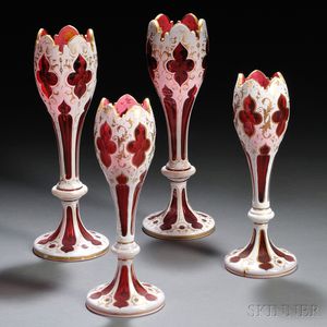 Two Pairs of Similar Bohemian Overlay Glass Tulip-form Vases