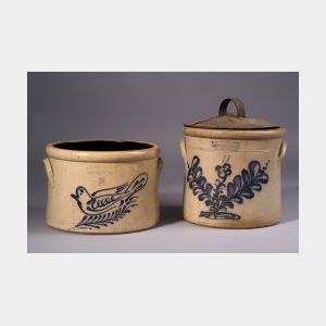 Two Cobalt Blue Decorated Two-Gallon Stoneware Crocks
