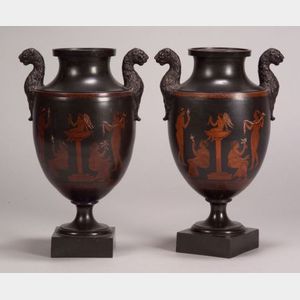 Pair of Encaustic Decorated Black Basalt Vases