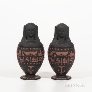 Pair of Modern Wedgwood Solid Black Jasper Canopic Jars and Covers