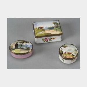Three Handpainted Landscape Enameled Copper Snuff or Patch Boxes