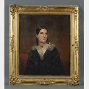 Anglo/American School, 19th Century Portrait of a Lady with a Lace Collar and Ebony Brooch.