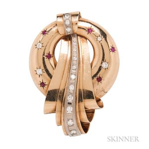 Retro 14kt Gold, Ruby, and Diamond Brooch