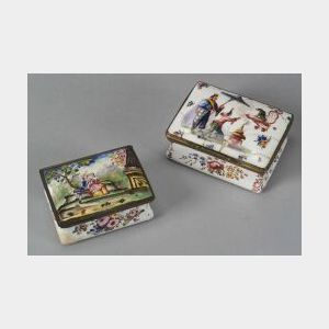 Two Handpainted Figural Enameled Copper Table Snuff Boxes