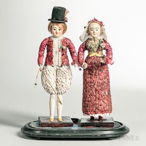 Pair of Red and White Shell Dolls in a Glass Dome