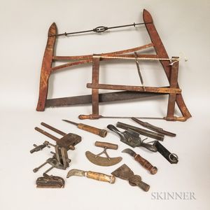 Collection of Woodworking Planes, Scrapers and Two Bow Saws. 