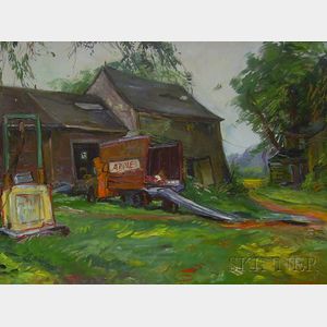Framed Oil on Canvas View with an Apple Truck and Barn, Apples, by Sheldon C. Schoneberg (American, b. 1926)