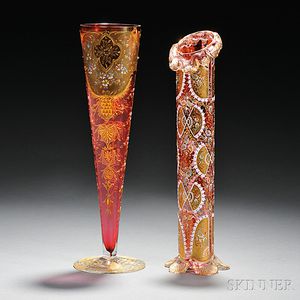 Two Moser-type Gilded and Enameled Cranberry Glass Vases