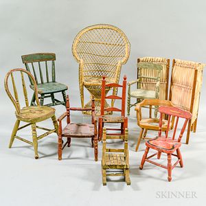 Nine Painted Wood and Wicker Doll's Chairs