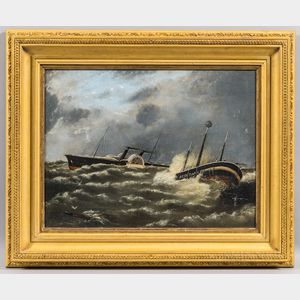 F.B. Knox (British, b. 1893) Paddlewheel Steamer and Sinking Ship in Rough Seas