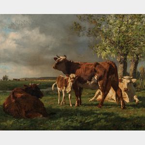 Adolphe Charles Marais (French, 1856-1940) Cows and Calf in a Field in Late Afternoon Sun
