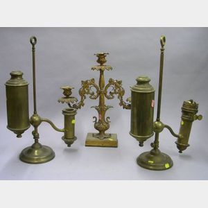 Two Brass Student Lamp Bases and a Gilt Brass Girandole Candelabra.