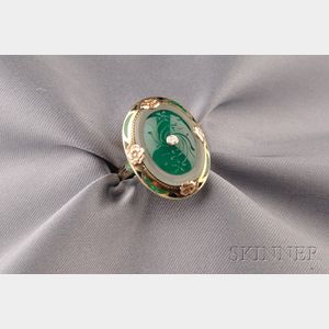 Art Deco 14kt Gold, Chalcedony, and Enamel Ring
