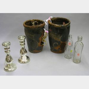 Two Paint Decorated Safford 1807 Leather Fire Buckets, a Pair of Mercury Glass Candlesticks and Two Colorless Molded Glass Figural Bott