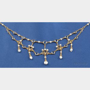 Art Nouveau 14kt Gold, Sapphire, and Freshwater Pearl Necklace