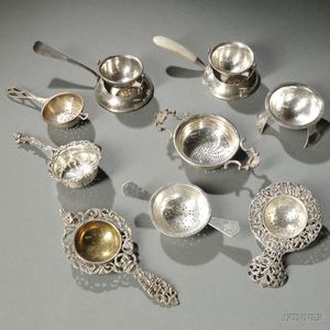 Eight American, English, and European Silver Tea Strainers