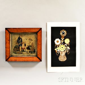 Framed Figural Needlepoint and Butterfly Wing Picture of Flowers. 