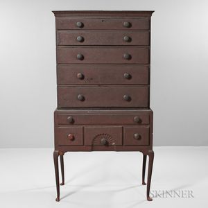 Red-painted Fan-carved Maple High Chest of Drawers