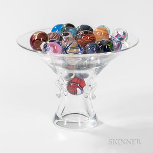 Steuben Colorless Crystal Bowl and Thirty Modern Glass Marbles