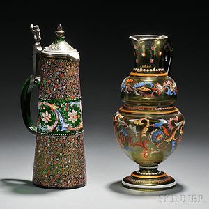 Two Enameled and Gilded Green Glass Ewers