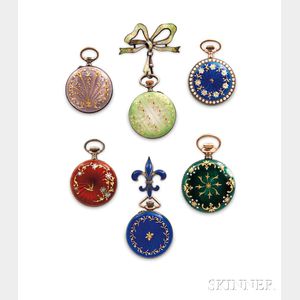 Six Guilloche Enamel and Silver Lady's Pendant Watches