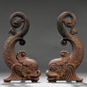 Pair of Cast Iron Dolphin Figural Andirons