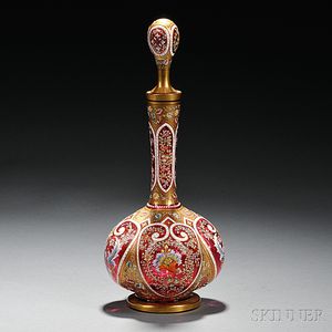 Moser-type Gilded and Enameled Cranberry Glass Decanter