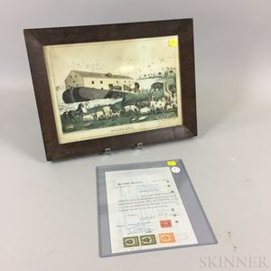 Framed Baillie Lithograph Noah's Ark and a Potomska Mills Corporation Stock Certificate