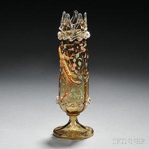 Moser-type Gilded and Enameled Olive Green Glass Vase