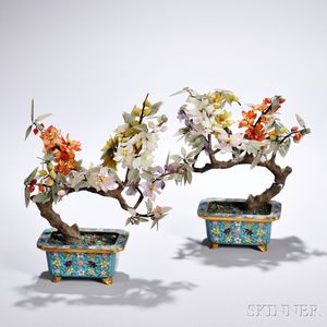 Pair of Hardstone Trees in Cloisonne Planters