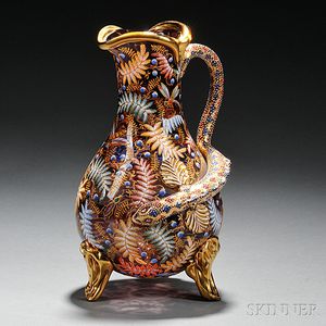 Moser-type Gilded and Enameled Lavender Glass Pitcher
