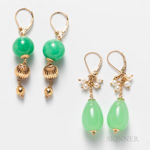 Two Pairs of Gold and Green Hardstone Earrings