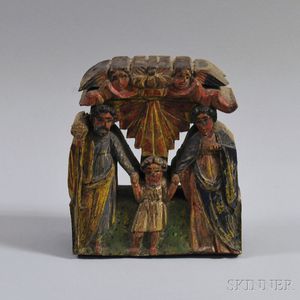 Polychrome Painted Wooden Religious Carving of the Holy Family