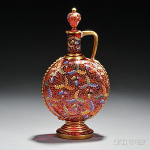 Moser-type Gilded and Enameled Cranberry Glass Decanter