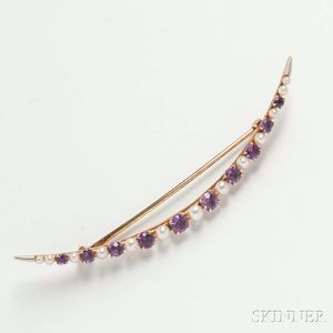 14kt Gold, Cultured Pearl, and Amethyst Crescent Brooch