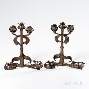 Pair of Art Nouveau-style Bronze Three-light Candelabra